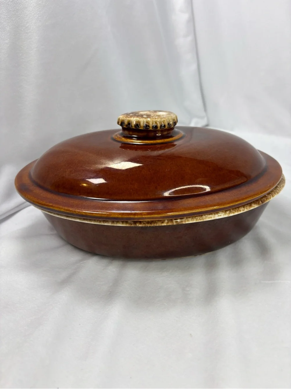 Vintage H.P. Co Oven Proof Covered Casserole Dish USA Brown Drip Glaze Stoneware